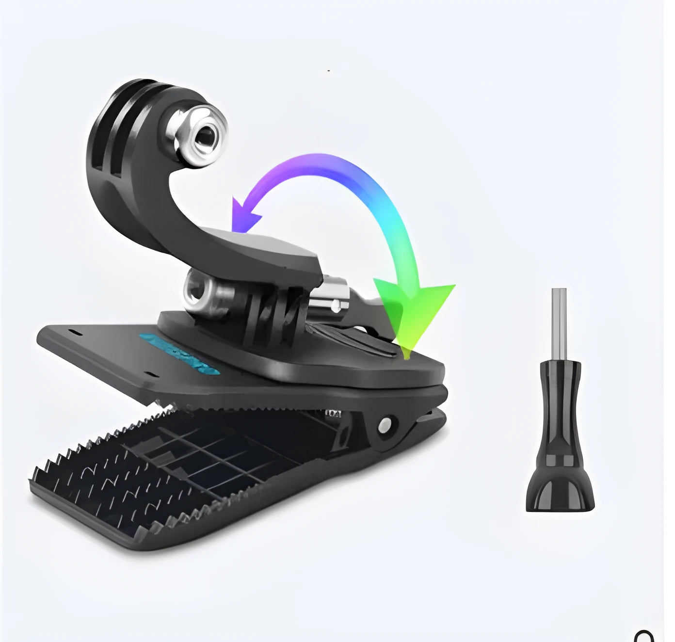 Silver and black 360-degree rotating backpack clip mount for GoPro and other action cameras.