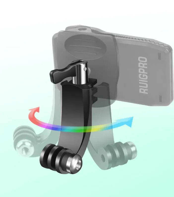 Silver and black 360-degree rotating backpack clip mount for GoPro and other action cameras.