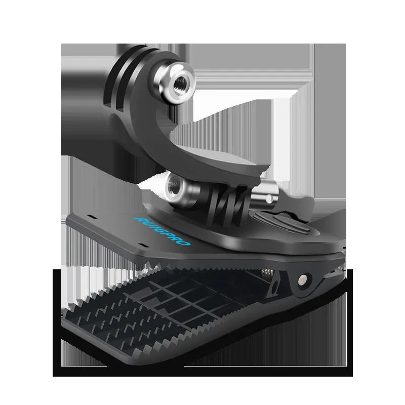 Silver and black 360-degree rotating backpack clip mount for GoPro and other action cameras.