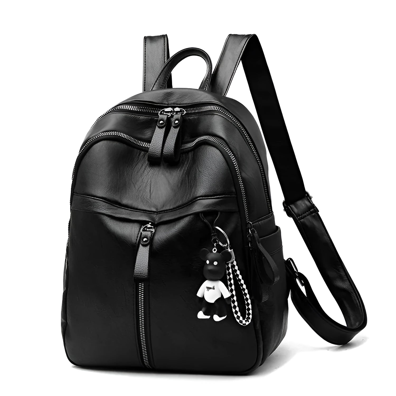 Black soft surface PU leather backpack with double straps and 20-35L capacity