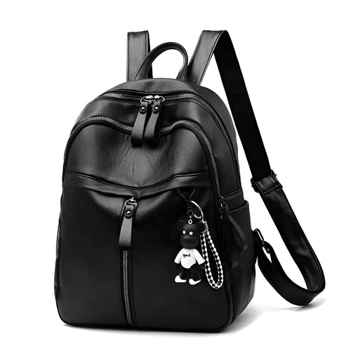Black soft surface PU leather backpack with double straps and 20-35L capacity