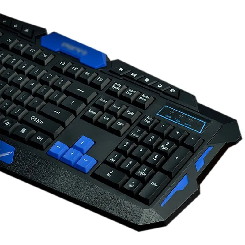 Black and blue wireless keyboard and mouse set on desktop