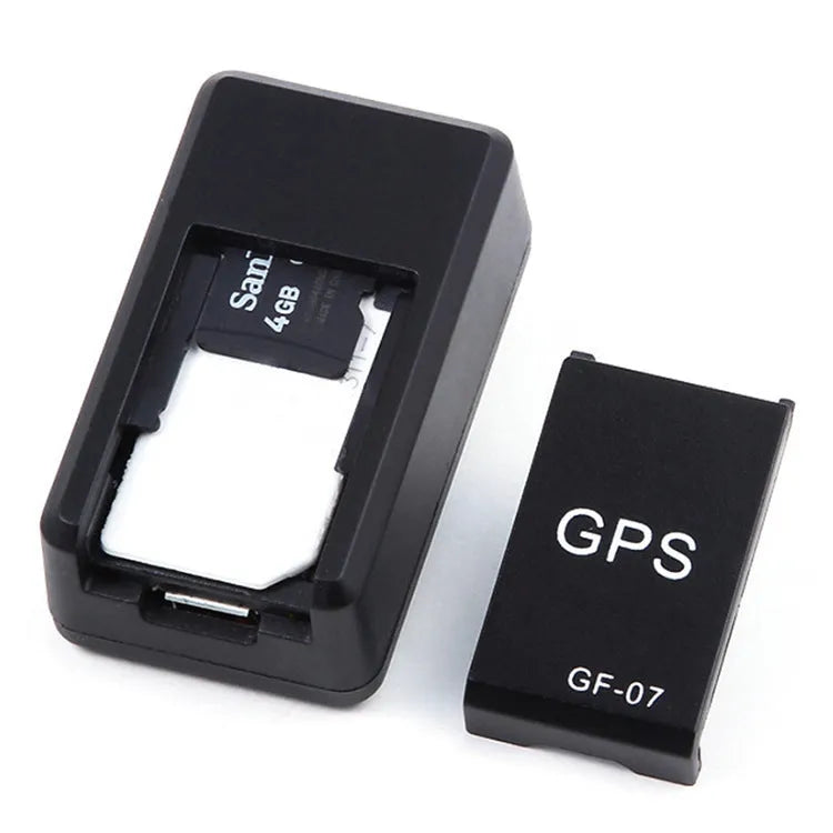 Black mini magnetic GPS car tracker device with dimensions 35x20x14mm