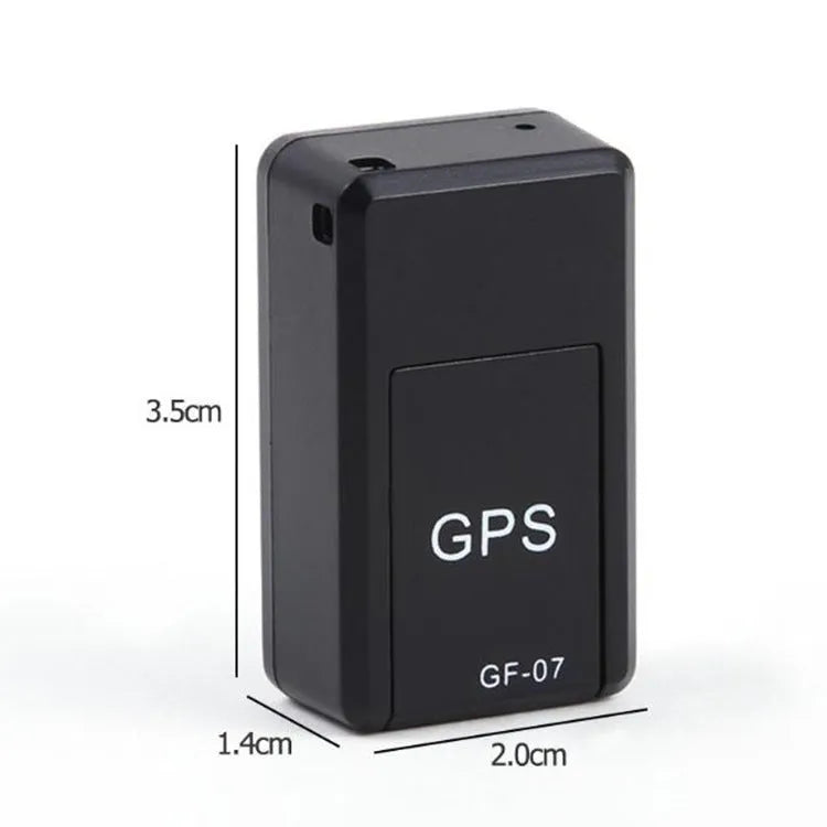 Black mini magnetic GPS car tracker device with dimensions 35x20x14mm