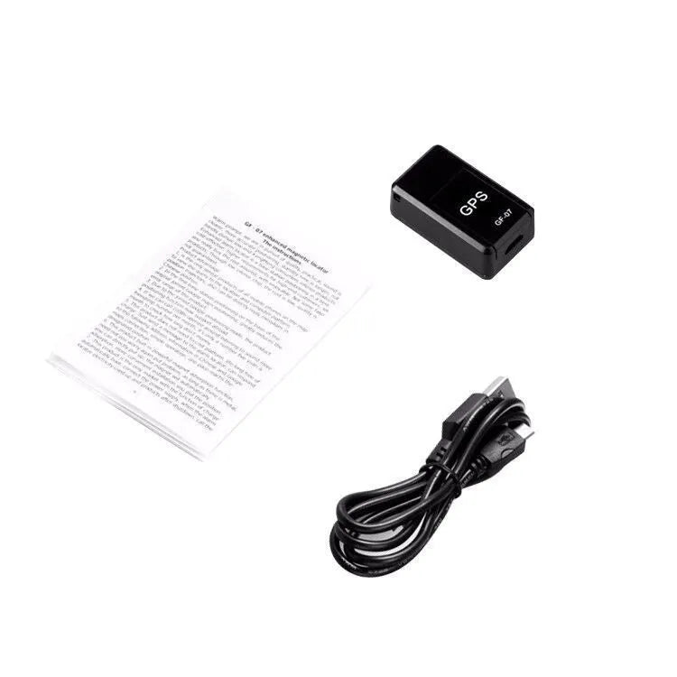 Black mini magnetic GPS car tracker device with dimensions 35x20x14mm