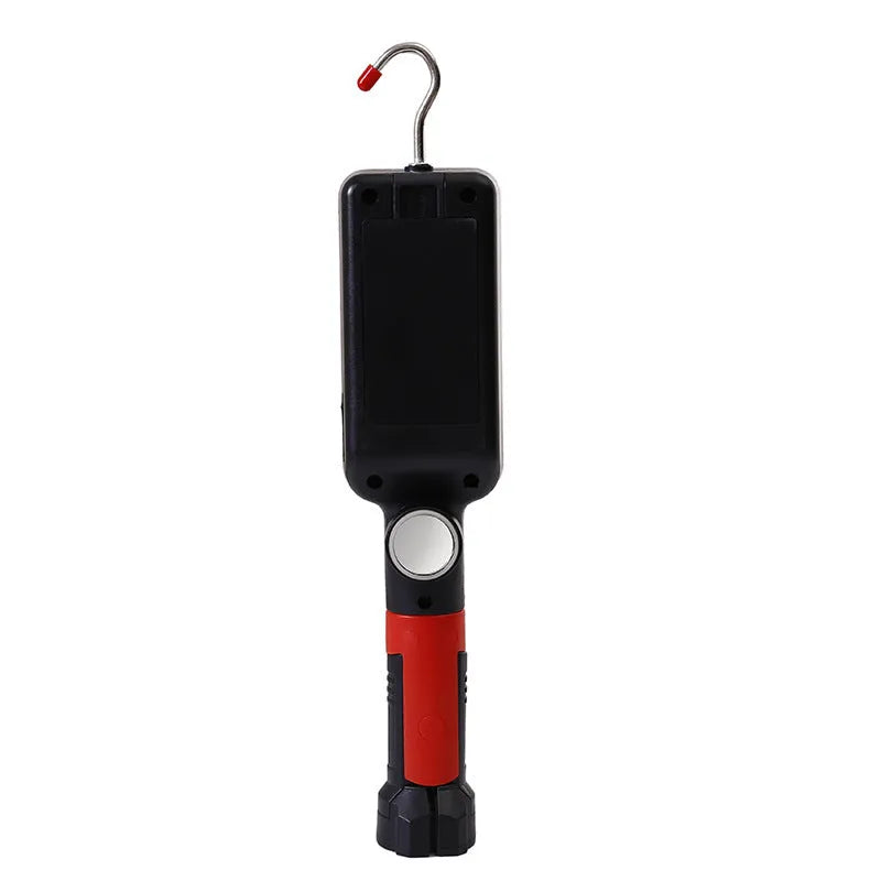 Red USB rechargeable COB flashlight with magnetic hook, shown with USB cable