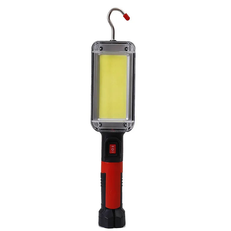 Red USB rechargeable COB flashlight with magnetic hook, shown with USB cable