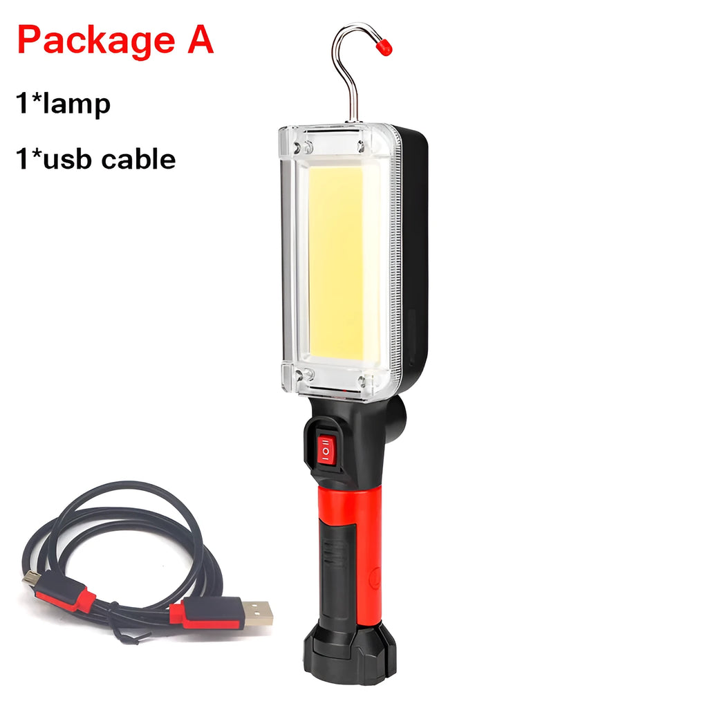 Red USB rechargeable COB flashlight with magnetic hook, shown with USB cable