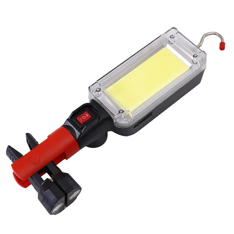 Red USB rechargeable COB flashlight with magnetic hook, shown with USB cable