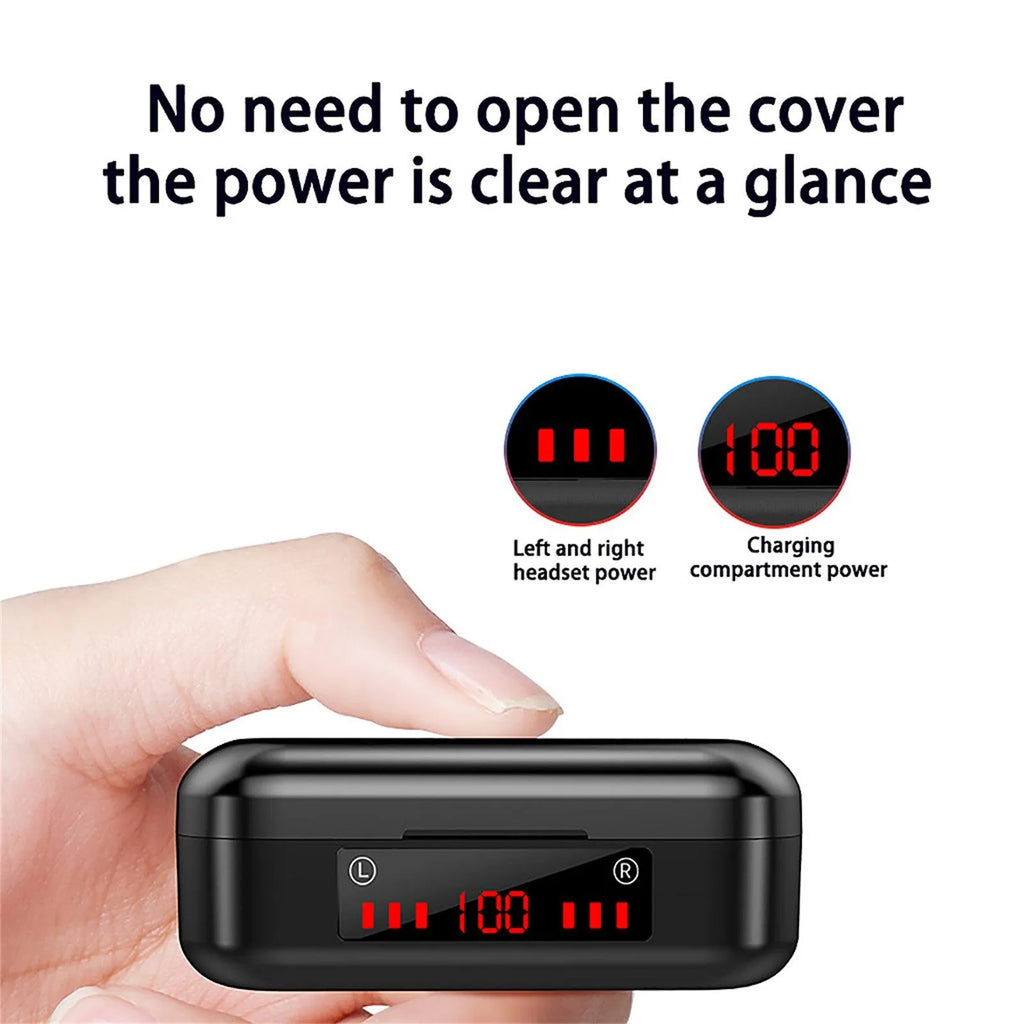 V7 LED button version wireless Bluetooth in-ear headphones with charging case and three ear tip sizes.