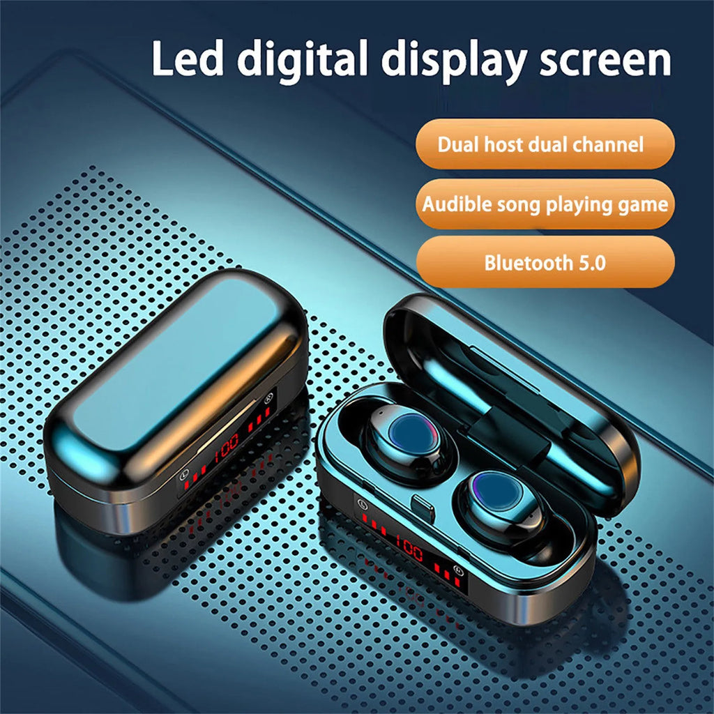 V7 LED button version wireless Bluetooth in-ear headphones with charging case and three ear tip sizes.