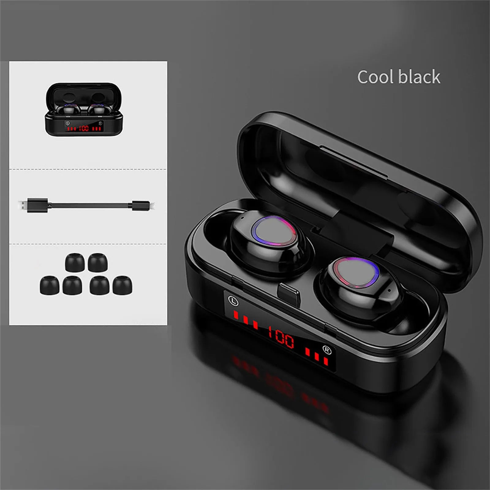 V7 LED button version wireless Bluetooth in-ear headphones with charging case and three ear tip sizes.