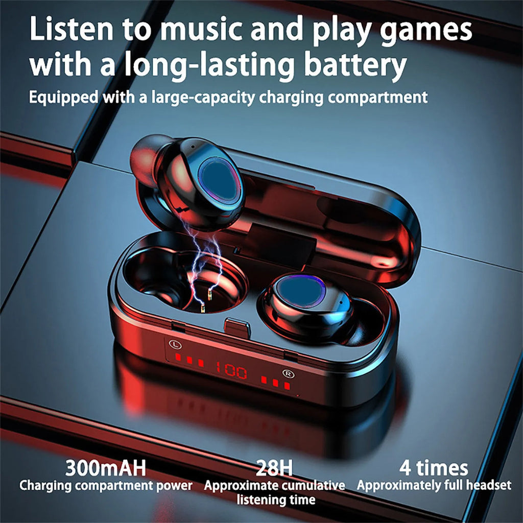 V7 LED button version wireless Bluetooth in-ear headphones with charging case and three ear tip sizes.
