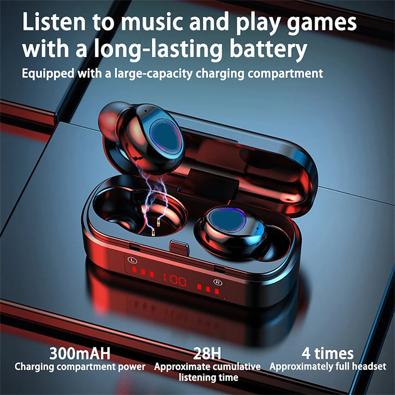 V7 LED button version wireless Bluetooth in-ear headphones with charging case and three ear tip sizes.