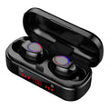 V7 LED button version wireless Bluetooth in-ear headphones with charging case and three ear tip sizes.