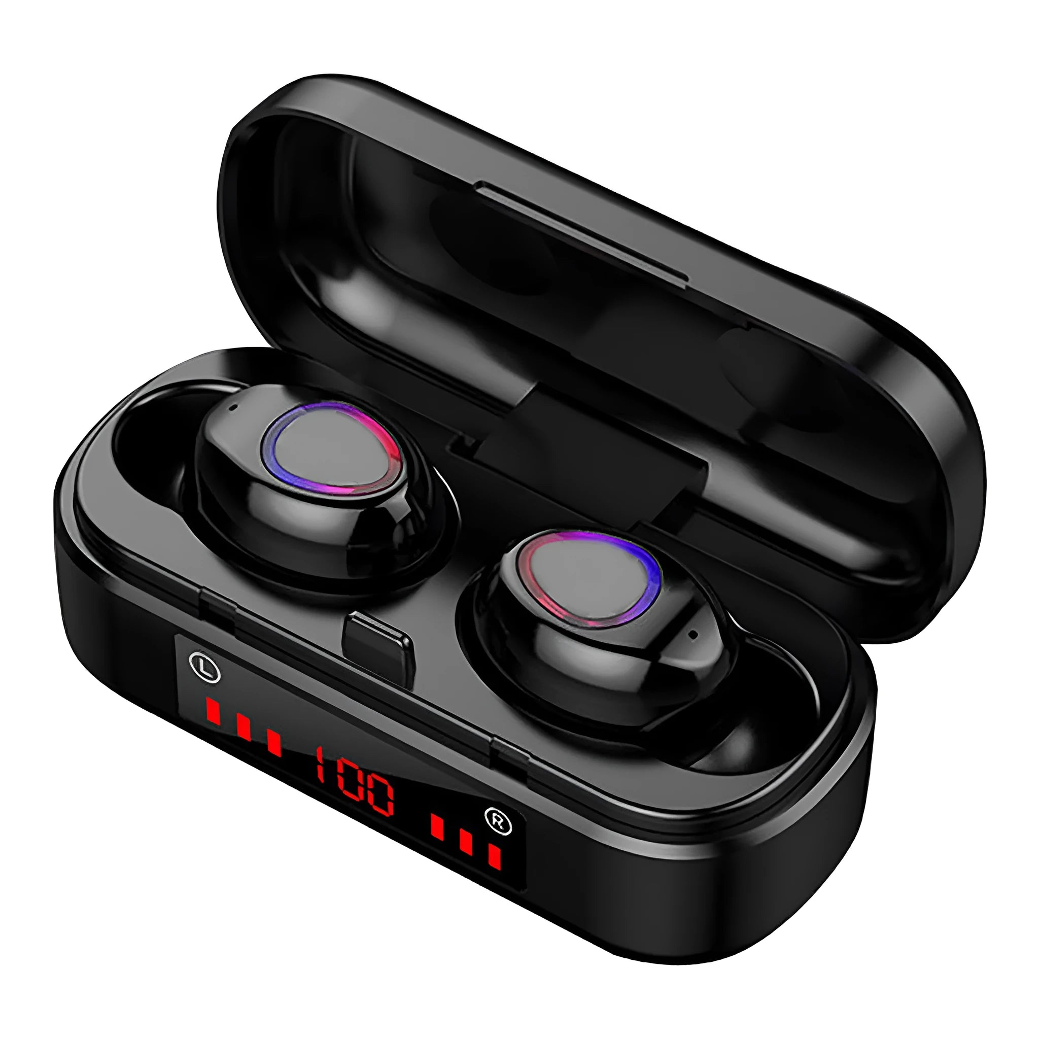V7 LED button version wireless Bluetooth in-ear headphones with charging case and three ear tip sizes.
