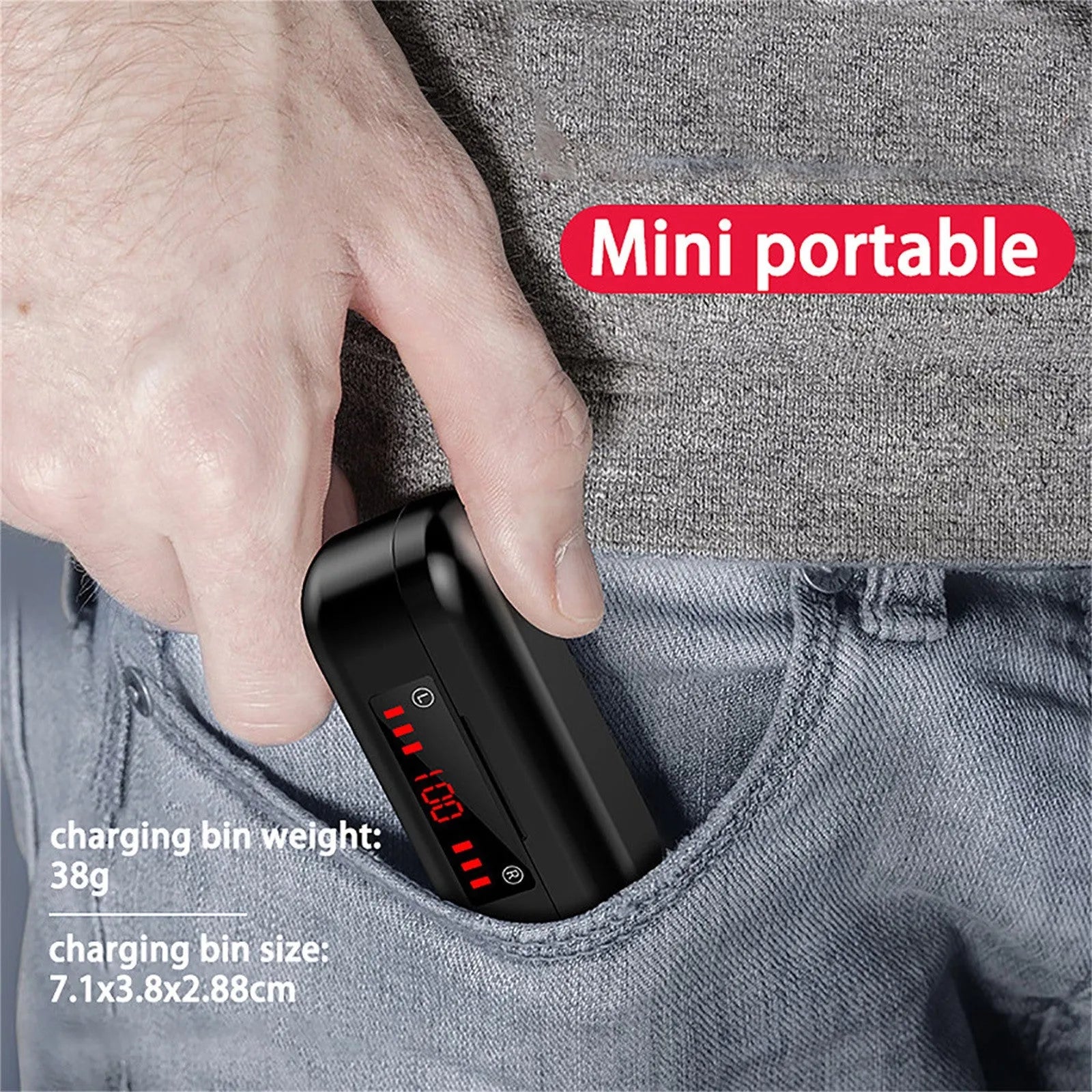 V7 LED button version wireless Bluetooth in-ear headphones with charging case and three ear tip sizes.