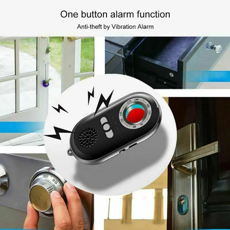 Compact black wireless signal detector with vibration alarm for anti-theft security measuring 85mm in length