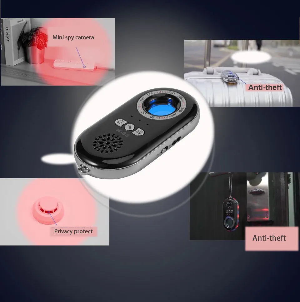 Compact black wireless signal detector with vibration alarm for anti-theft security measuring 85mm in length