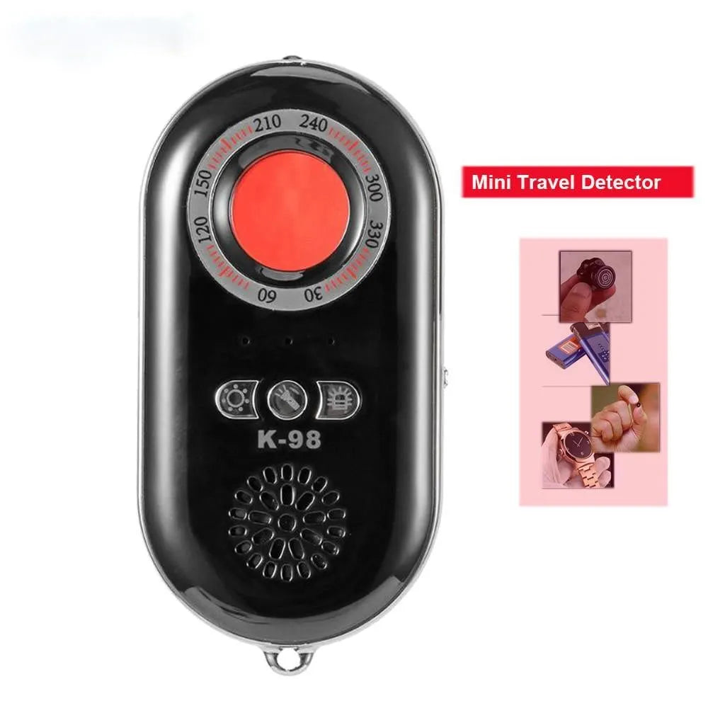 Compact black wireless signal detector with vibration alarm for anti-theft security measuring 85mm in length