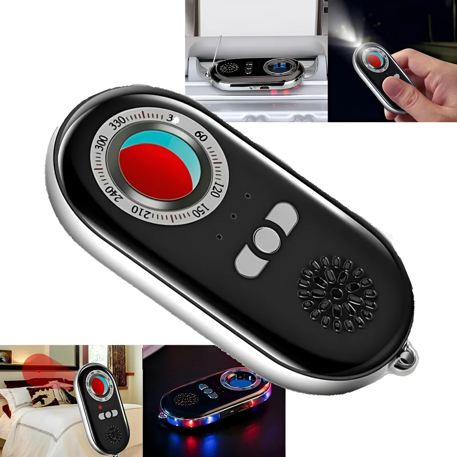 Compact black wireless signal detector with vibration alarm for anti-theft security measuring 85mm in length