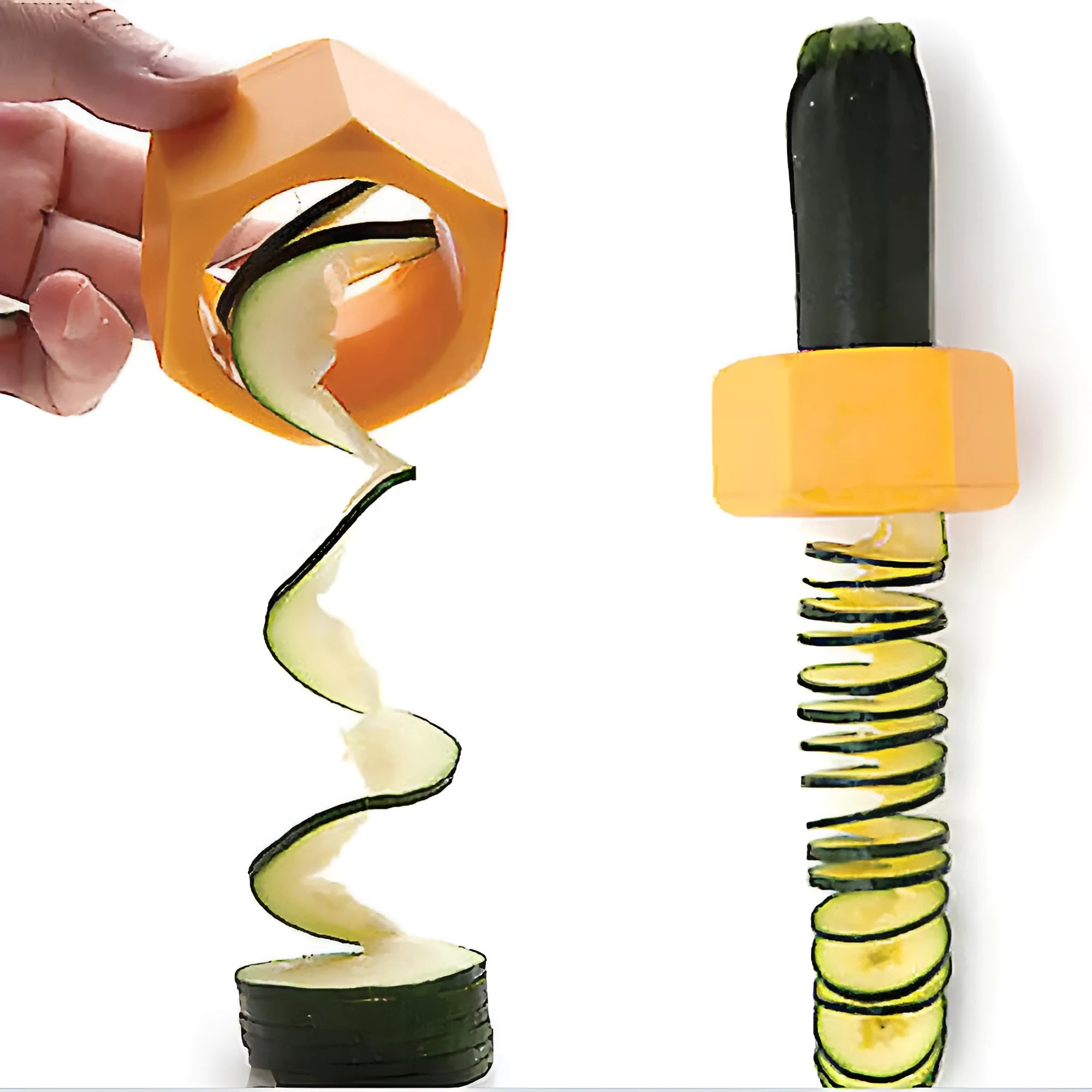 Yellow and green kitchen vegetable cutter with spiral knife mechanism for slicing cucumbers