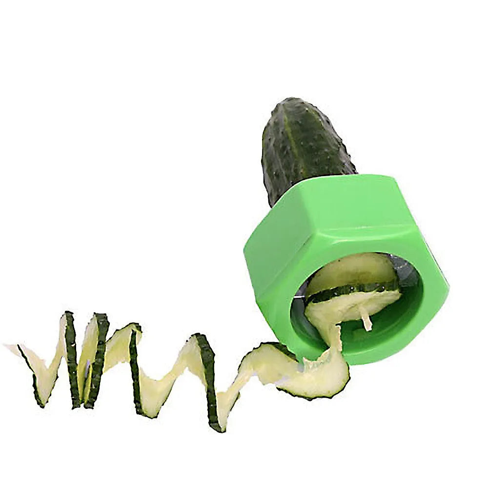 Yellow and green kitchen vegetable cutter with spiral knife mechanism for slicing cucumbers