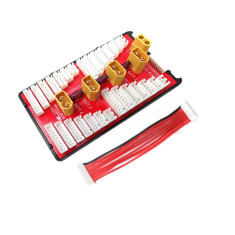 Parallel charging board balance adapter with gold connectors and silicone caps for charging multiple RC batteries.