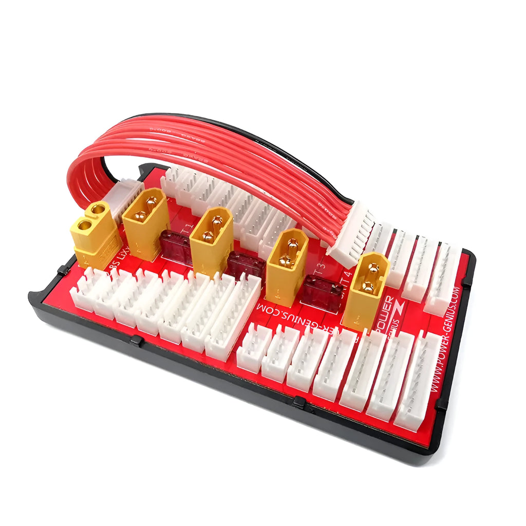 Parallel charging board balance adapter with gold connectors and silicone caps for charging multiple RC batteries.