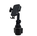Black ABS car phone holder with 360-degree rotating head and adjustable height bracket on a car dashboard.