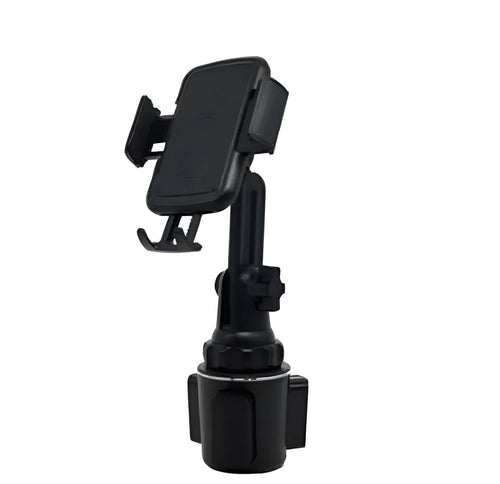 Black ABS car phone holder with 360-degree rotating head and adjustable height bracket on a car dashboard.