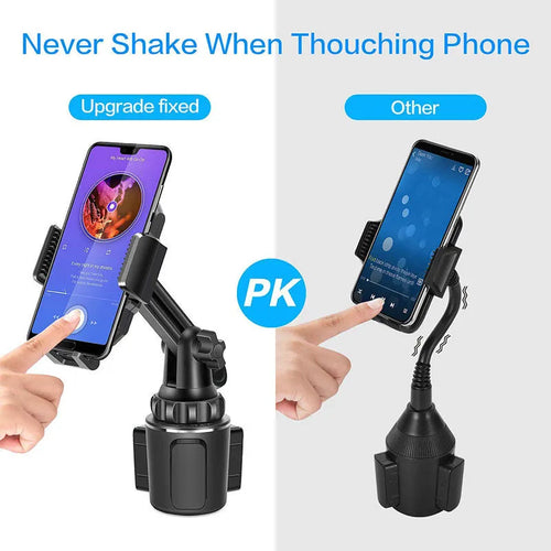 Black ABS car phone holder with 360-degree rotating head and adjustable height bracket on a car dashboard.