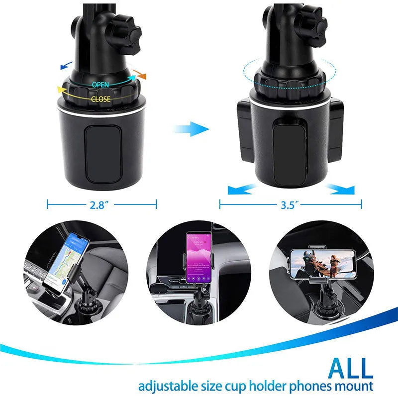 Black ABS car phone holder with 360-degree rotating head and adjustable height bracket on a car dashboard.