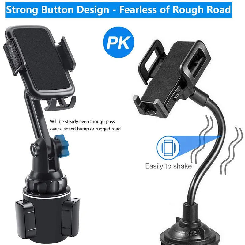 Black ABS car phone holder with 360-degree rotating head and adjustable height bracket on a car dashboard.