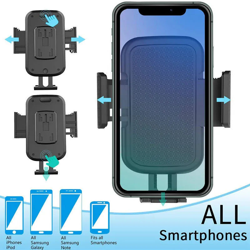Black ABS car phone holder with 360-degree rotating head and adjustable height bracket on a car dashboard.