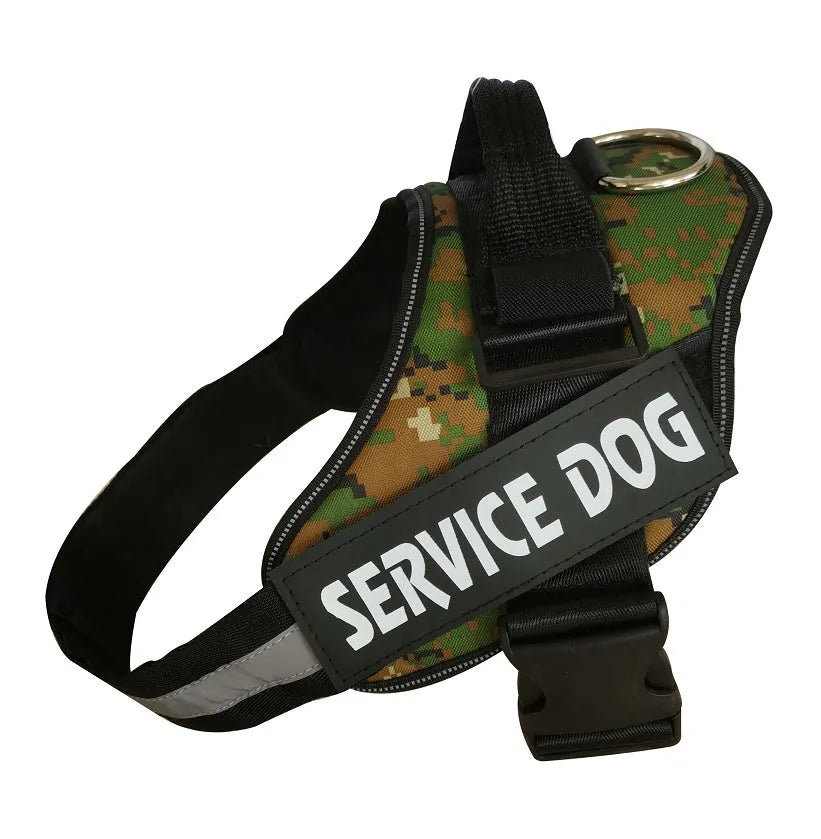 A reflective adjustable no-pull dog harness in a vest style, shown on a dog with a personalised patch.