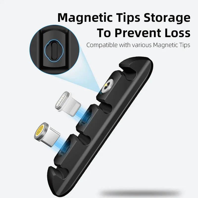 Black soft plastic desktop cable organiser with magnetic charging cable holder.