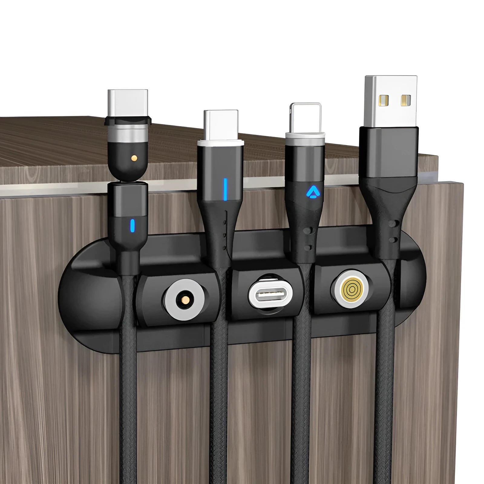 Black soft plastic desktop cable organiser with magnetic charging cable holder.