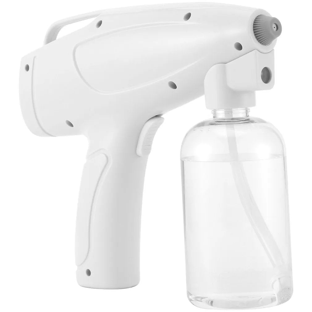 White handheld cordless electric spray disinfection gun with USB charging port