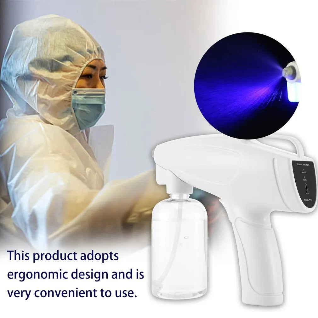 White handheld cordless electric spray disinfection gun with USB charging port