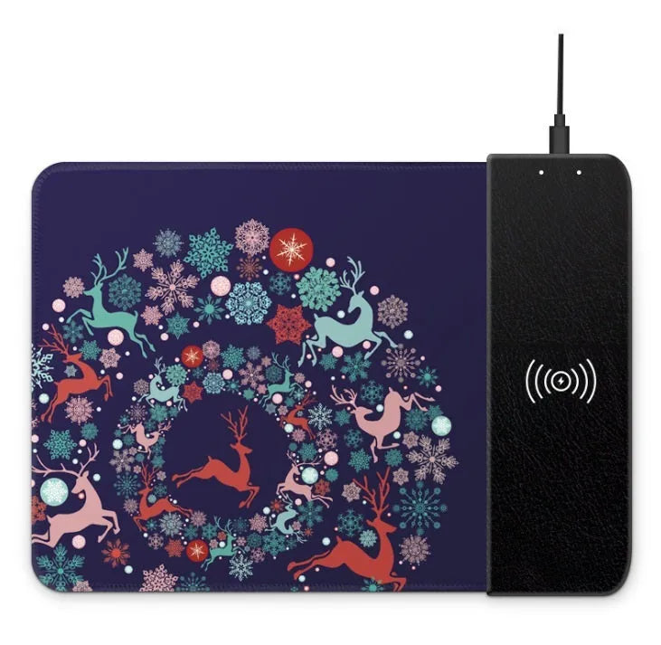 Black wireless charging mouse pad with cartoon design, RGB edge lighting, and non-slip rubber base.