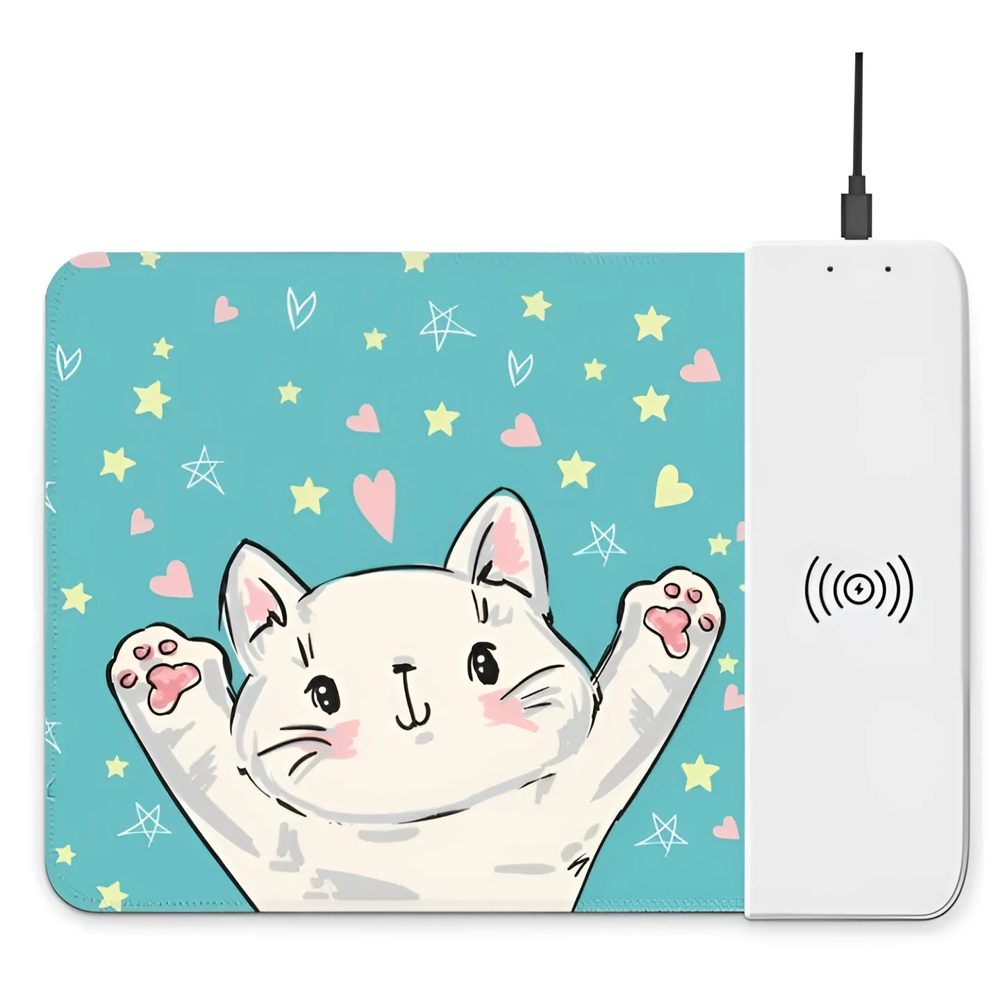 Black wireless charging mouse pad with cartoon design, RGB edge lighting, and non-slip rubber base.