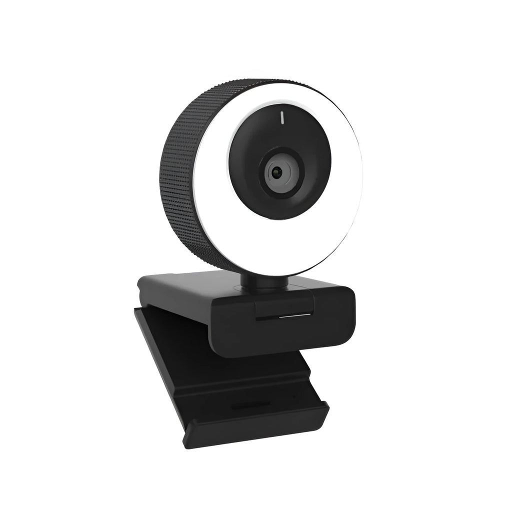 Black USB webcam with built-in microphone for desktop and laptop computers showing 1080p resolution and auto-focus features
