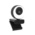 Black USB webcam with built-in microphone for desktop and laptop computers showing 1080p resolution and auto-focus features