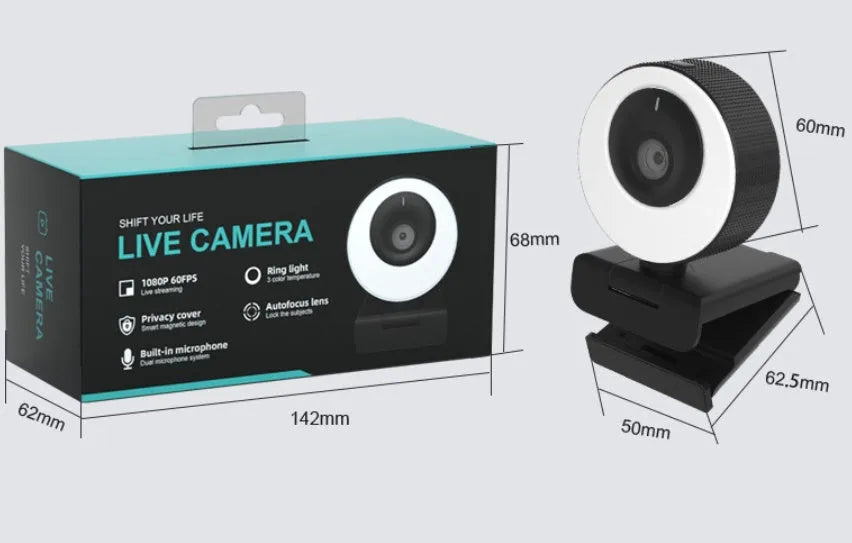 Black USB webcam with built-in microphone for desktop and laptop computers showing 1080p resolution and auto-focus features