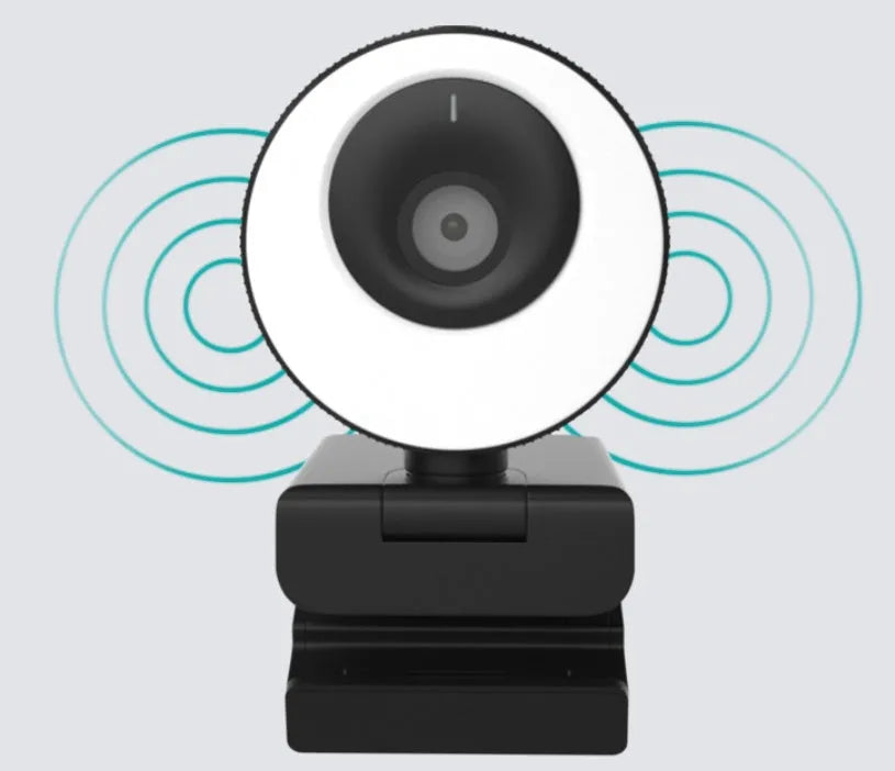 Black USB webcam with built-in microphone for desktop and laptop computers showing 1080p resolution and auto-focus features
