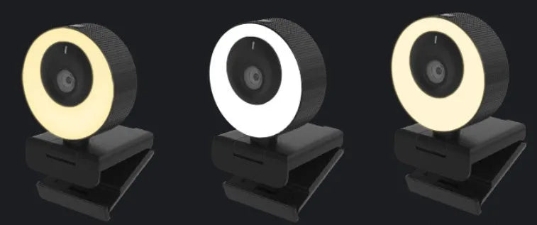 Black USB webcam with built-in microphone for desktop and laptop computers showing 1080p resolution and auto-focus features