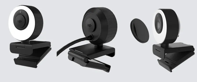 Black USB webcam with built-in microphone for desktop and laptop computers showing 1080p resolution and auto-focus features
