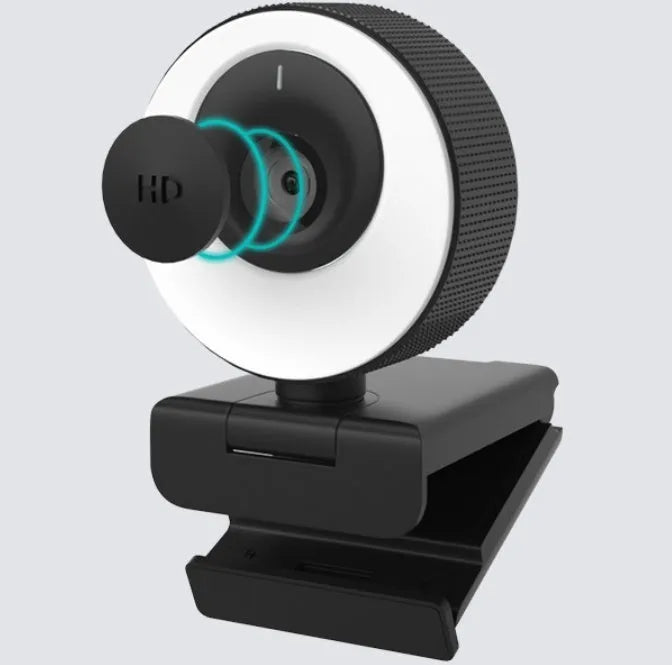 Black USB webcam with built-in microphone for desktop and laptop computers showing 1080p resolution and auto-focus features