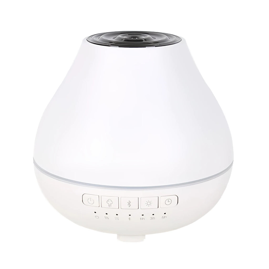 White circular Bluetooth humidifier and aroma diffuser with single mist outlet on a table